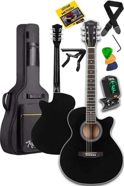 XC-200BK Kesik Kasa Siyah Akustik Gitar 4/4 Yetişkin Üst Segment (Gigbag Çanta Tuner Capo Askı Pena)