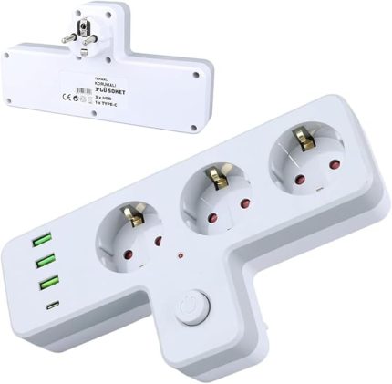 Termal Akım Korumalı 3'lü Duvar T Priz, 3xUSB 1xTYPE-C 20W (Tip C), Çocuk Korumalı, Isıya Dayanıklı Topraklı Üçlü Priz, 2500W