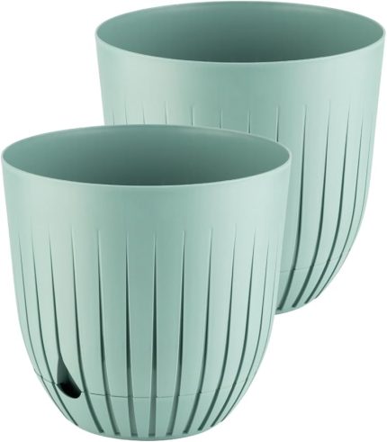 Adet Çizgi Saksı Seti Tabaklı Delikli Plastik Çiçek Saksısı Set (Yeşil, 5 Litre)