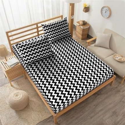 Tek Kişilik Ara Ölçü 120x200 Lastikli Çarşaf Takımı - Siyah-Beyaz Zikzak Desenli