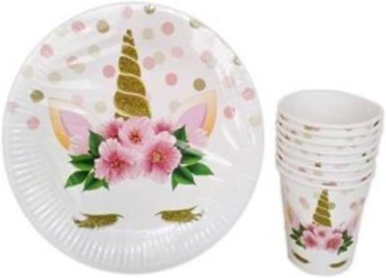 Parti Çiçekli Unicorn Karton Tabak Bardak Set