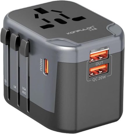 Global Seyahat Adaptörü | 20W PD & 3.0 Hızlı Şarj | 2 USB + 1 USB-C | 100-250V | Döner Fişli | Çoklu Koruma | Kompakt Tasarım | Uluslararası Priz Dönüştürücü
