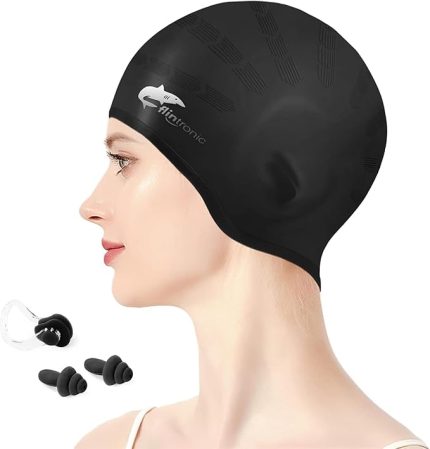 Silikon Yüzme Şapkası Kulak Kılıfı, Yetişkin Üniseks Yüzme Şapkası, Uzun Saçlar için, Hipoalerjenik Su Geçirmez Yüzme Şapkaları Kulak Tıkaçlı ve Burun Klipsli Kadın Erkek Çocuk - Siyah