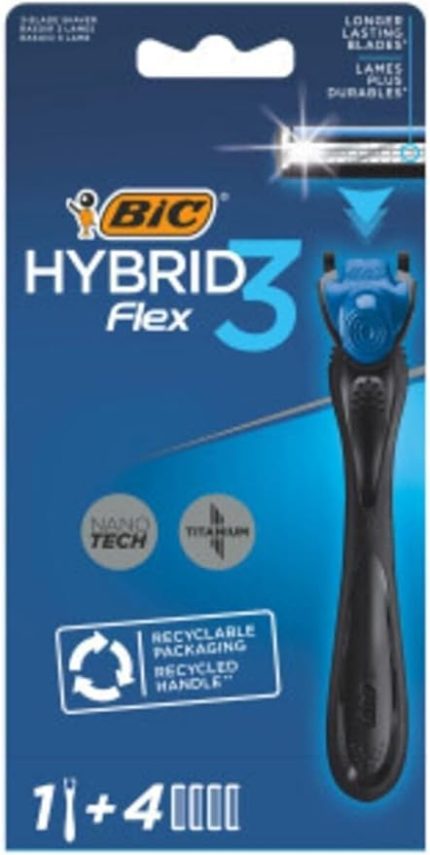 Hybrid 3 Flex Erkek Tıraş Bıçağı 1 Sap ve 4 Yedek Başlık (3 Bıçak), 3 Nano Teknolojik Titanyum Bıçak, E Vitamini ile Zenginleştirilmiş Geniş Kayganlaştırıcı Bant