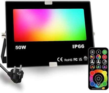 RGB LED Spot Işığı, RGBW renk değişimi 400 W'a eşdeğerdir, DIY-Strobe modu, 120 renk, zamanlayıcı, RGB, 2700K, sıcak beyaz, su koruma türü IP66
