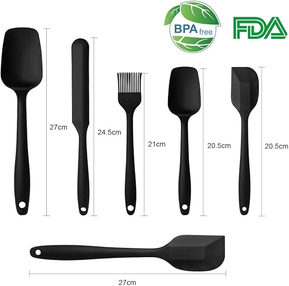 Silikon mutfak yardımcısı, 6 adet silikon spatula, çorba kaşığı, fırın fırçası, spatula, ısıya dayanıklı ve yapışmaz, paslanmaz çelik ve dikişsiz tek parça tasarım (siyah) - Görsel 2