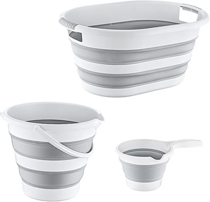 3'lü Set Katlanabilir Çamaşır Sepeti, Kova, Maşrapa, Plastik Akordiyon Yer Kaplamayan Tasarım