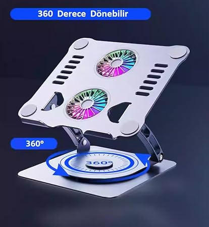 Laptop Standı 360 Derece Dönebilir Rgb Çift Fanlı Premium Serisi Notebook Tutucu Alüminyum Macbook Yükseltici 11-17 İnç - Görsel 2