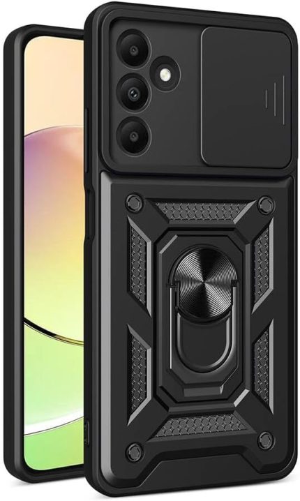 Galaxy ile uyumlu A15 Kılıf Magnetik Standlı Kamera Korumalı Zore Sürgülü Vega Kapak Siyah