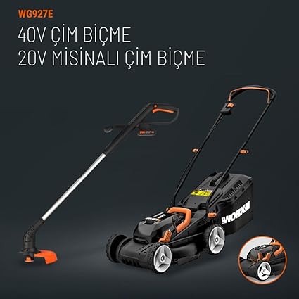 WG927E 40Volt 2.0Ah. Li-ion 34cm Profesyonel Şarjlı Çim Biçme + WG157E.9 20Volt 25cm Misinalı Çim ve Kenar Kesme - Görsel 2