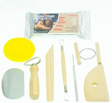 Ahşap Saplı Seramik ve Doğal Kil Hamuru Oyma Şekil Verme Alet Seti Yeni Başlayanlar İçin Ceramic Şekillendirme El Aleti Seti (Kırmız Kil/Terra Cotta Clay) Pottery Tool kit