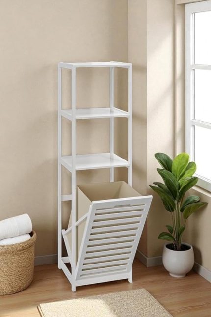 Bambu Beyaz Mat Lake Kirli Sepetli 3 Raflı Banyo Düzenleyici Çamaşır Sepeti DB-0019