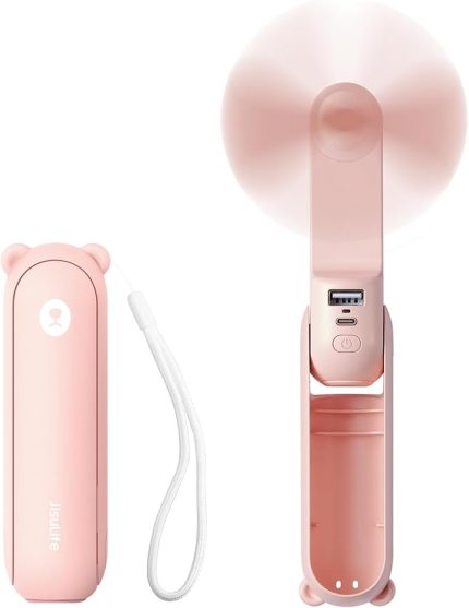 Mini el vantilatörü, 3'ü 1 arada el vantilatörü, şarj edilebilir USB [12 – 19 çalışma saati], taşınabilir vantilatör, taşınabilir vantilatör, seyahat/yaz için, kadınlar için hediye, pembe