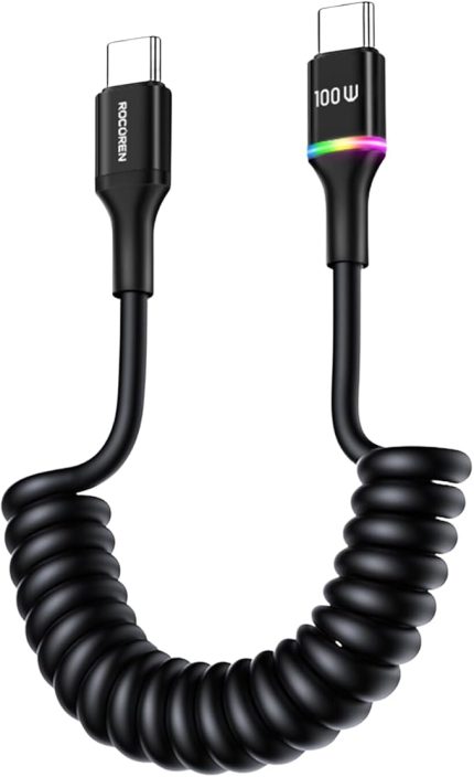 100W 5A E-Marker Çipli Spiral Type-C to Type-C Hızlı Şarj ve Data Kablosu 1.6 Metre