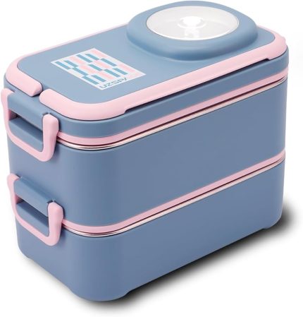1200 ML İki Kat Dört Bölme Paslanmaz Çelik Lunch Box Yeni Nesil Sefer Tası-Sos Kaseli Model-FFLBOX8023 Lacivert