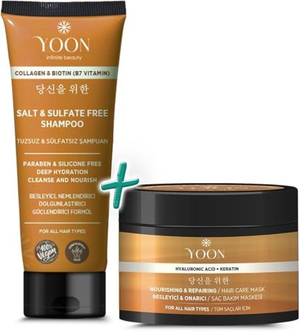2'li Vegan Tuzsuz Şampuan & Saç Bakım Maskesi 250ml, Hyaluronik Asit, Keratin, Kolajen ve Biotin İçerikli Besleyici, Onarıcı 2'li Saç Bakım Seti