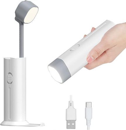 LED çalışma masası lambası, 3 parlaklık kademesi, cep telefonu tutuculu komodin okuma lambası, dış mekan acil lambası, USB şarj bağlantılı yatak odası, kamp, ofis için (beyaz-1)