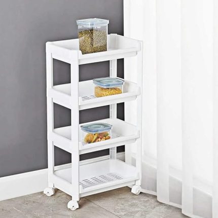 ORG-74 Tekerlekli Raf Ünitesi 4 Katlı - Çok Amaçlı Raf - Düzenleyici Raf - Banyo Mutfak Rafı Beyaz