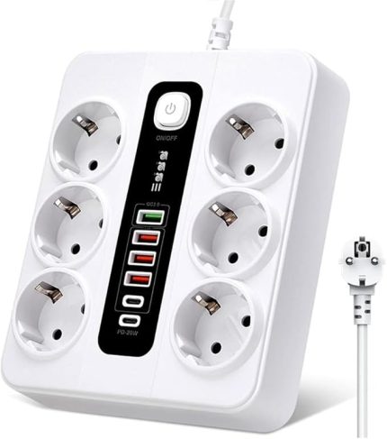 Termal Akım Korumalı 3000W 3.6 Amper 6 lı Priz 2 Metre Uzatma Kablosu Çoklu Priz 4 Usb 2 Type C PD Girişli Hızlı Şarj İstasyonu