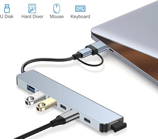Çoklayıcı Adaptör 7in1 USB/Type-c To USB A, USB C Macbook uyumlu Çevirici Adaptör Çok Portlu Çoklayıcı 7 in 1 USB HUB (Gri) - Görsel 3