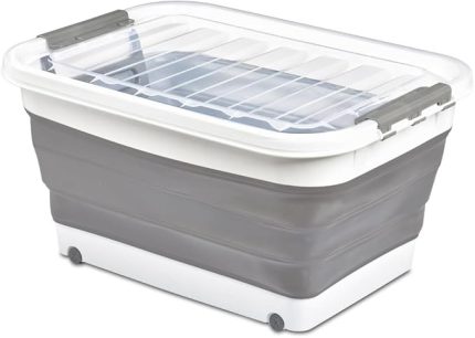 Home Katlanabilir Şeffaf Kapaklı Saklama Kabı – Tekerlekli Büyük Hacimli Oyuncak Kutusu, Çamaşır Sepeti ve Organizer – Plastik Kapaklı Düzenleyici Kutu, Ev ve Ofis İçin Çok Amaçlı (45 Litre)