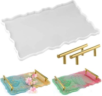 Düzensiz Reçine Tepsi Kalıpları, Epoksi Reçine Döküm Kalıpları ve 2 adet Altın Kulplar, Ev Dekorasyonu için Premium Silikon Reçine Sanat Tepsisi Kalıpları DIY El Sanatları Yapımı