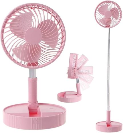 4 Modlu Şarjlı Katlanabilir Yükseltilebilir Taşınabilir Teleskopik Fan Vantilatör Ön Kapak Çıkabilir Pervane Yıkanabilir Minimal Ses Seviyesi Serinletici Portatif Masa Vantilatörü (PEMBE)