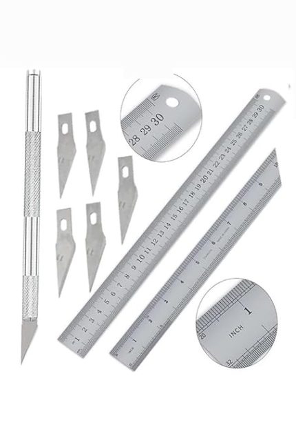 Çelik Cetvel 30 cm ve Kretuar Bıçağı 5 Yedek Bıcaklı 1 Adet Paslanmaz Çelik Metal Çetvel 30 Santimetre