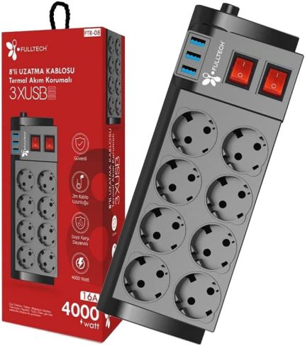 Termal Akım Korumalı 8'li Grup Priz, Isıya Karşı Dayanıklı, 8 x Priz - 3 x USB - 2 Metre Kablo Uzunluğu,