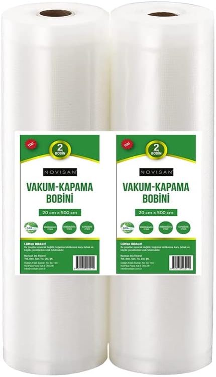 Metre Novisan 2 adet 20cm X 500cm Gofrajlı Tırtıklı Rulo Vakum Poşeti 2'li Bobin Vakumlama folyosu, vakumlu rulo, folyo rulosu, vakumlu torba