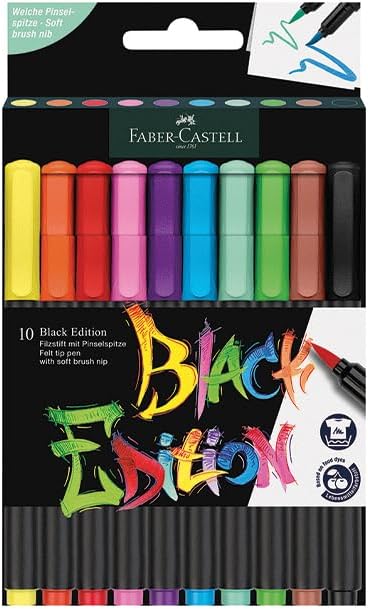 Black Edition Keçeli Kalem Fırça Uç 10’lu, Parlak Renkler, Yazım ve Boyama İçin Uygun, Yumuşak ve Esnek Uç