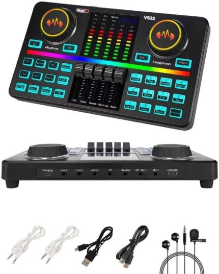 VS22 Üst Seviye Stüdyo Kayıt Canlı Yayın Şarjlı Ses Kartı Efektli Radyo Mikseri (Telefon ve PC Podcast)