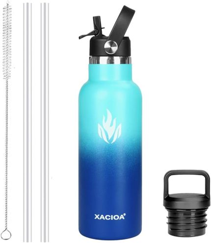 Su Şişesi Paslanmaz Çelik Pipetli - Sıcak/Soğuk İçecekler için 500/750/1000 ml Vakum Yalıtımlı Şişe Sızdırmaz İçecek Sporu, BPA İçermez - 2 Yedek Kapak ve Hasır Fırça ile