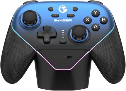 Super Nova Wireless Gaming Controller for PC/Switch/iOS/Android, Hall Effect Stick & Trigger, Rubberized Grips, RGB Lighting, Swappable ABXY, Detachable Faceplate, 1000mAh with Charging Dock