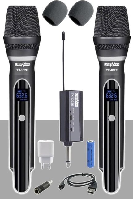 Tx-102EE Şarjlı ÇİFTLİ EL Tipi Telsiz Kablosuz Mikrofon Seti UHF