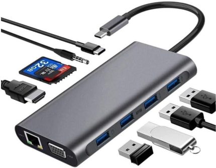 Type-C To HDMI Adaptör 11 In 1 Dört USB 3.0 Bağlantı Noktası 4K HDMI VGA Type C PD USB3.0 RJ45 Ethernet SD TF Kart Okuyucu 3.5mm AUX MacBook Pro Air Uyumlu