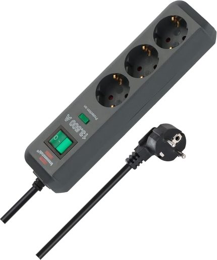 Eco-Line, 3'lü çoklu priz, yüksek gerilim korumalı (anahtarlı çoklu priz ve 1,5 m kablolu – özellikle enerji tasarruflu), antrasit