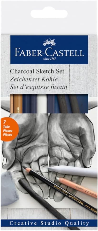 Kömür Sketch Seti, 7 Parça, Kara Kalem Çizim ve Eskiz İçin, Yüksek Kalite, Silgi ve Karıştırma Kalemi Dahil