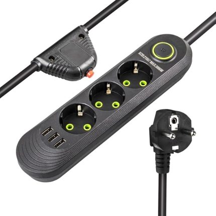 Akım Korumalı Grup Priz, 3’lü Priz,1.5 Metre Kablolu, 3 Usb’li 3000w, 16 Amper, Kablo Üstünde Termal Koruma Sigortalı, Çocuk Korumalı, Topraklı (SIYAH-3)