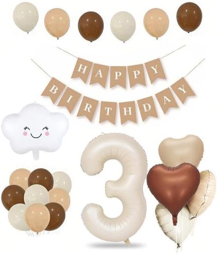 Kalp Doğum Günü Seti; Krem Rakam Folyo, Banner, Kalp Folyo ve Lateks Balon (3)