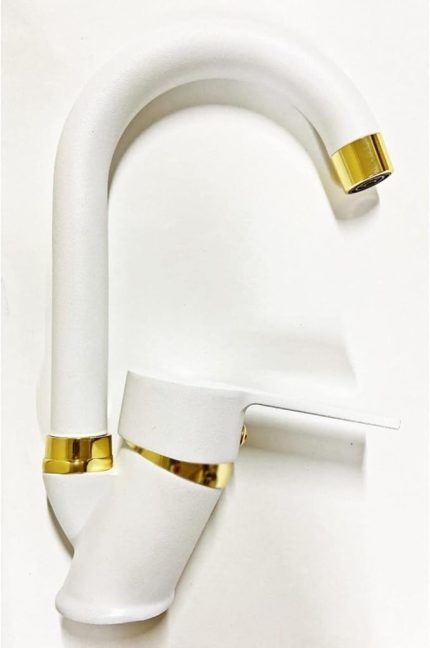 Beyaz Gold Banyo Lavabo Musluğu Bataryası Çift Su Girişli