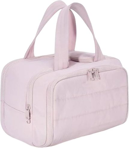 Minimalist Makyaj Çantası Büyük Kapasiteli ve 4 Bölmeli Seyahat ve Günlük Su Geçirmez PVC Astarla Donatılmıştır, pembe