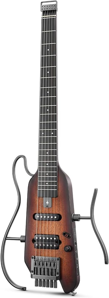 HUSH-X Elektro Gitar Kiti - Tüy Işığı Başsız Gitar, Seyahat ve Uygulama için Harika, Kolay Montaj Standlı Maun Katı Gövdesi, Konser Çantası, Tüm Aksesuarlar, Sunburst