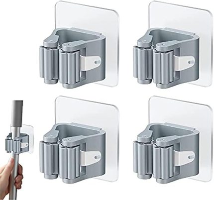 Trend 4 Adet Süpürge Mop Tutucu Duvar Kendinden Yapışkanlı Duvar Delme Gerektirmez (Gri)