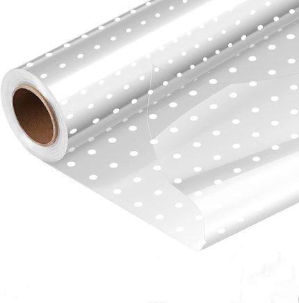 Selofan hediye kağıdı rulosu, 30 m x 54 cm, beyaz noktalar, şeffaf, selofan rulosu, hediye sepetleri, çiçekçiler, atıştırmalıklar, çiçek buketi, meyve, sanat, parti için