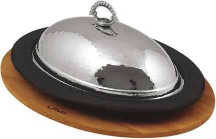 Oval Servis Tepsisi, Dökme Demirden, Kapaklı ve Ahşap Kaplamalı, 32 x 23 cm