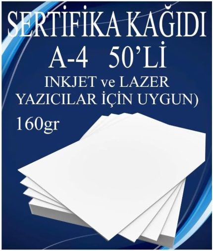 Sertifika Kağıdı Kalın 50 Adet Gramajlı Fotokopi Kağıdı 160 gr Tüm Yazıcılara Uyumlu 21x29.7 cm Kalın Baskı Kağıdı