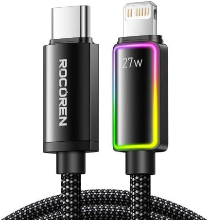 27W Type-C to Lightning RGB Aydınlatmalı Örgülü Şarj ve Data Kablosu 2 Metre