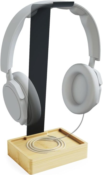 Essentials – Kulaklık Tutucu ve Başlık Askısı, son derece dayanıklı metal ve bambudan yapılmış, plastiksiz – pratik tutucu başlığı korur ve masa düzenini sağlar