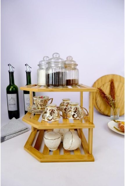 Bambu 3 Katlı Köşe Rafı Organizer Mutfak Düzenleyici Kahverengi - C/3 C1-1-289